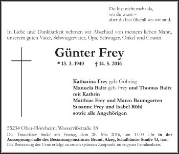 Traueranzeige von Günter Frey von  Allgemeine Zeitung Alzey