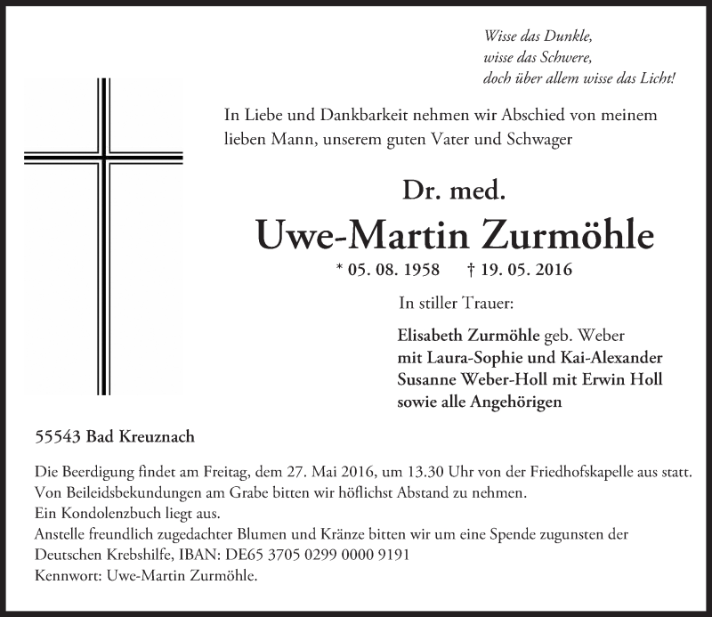  Traueranzeige für Uwe-Martin Zurmöhle vom 24.05.2016 aus  Allg. Zeitung Bad Kreuznach
