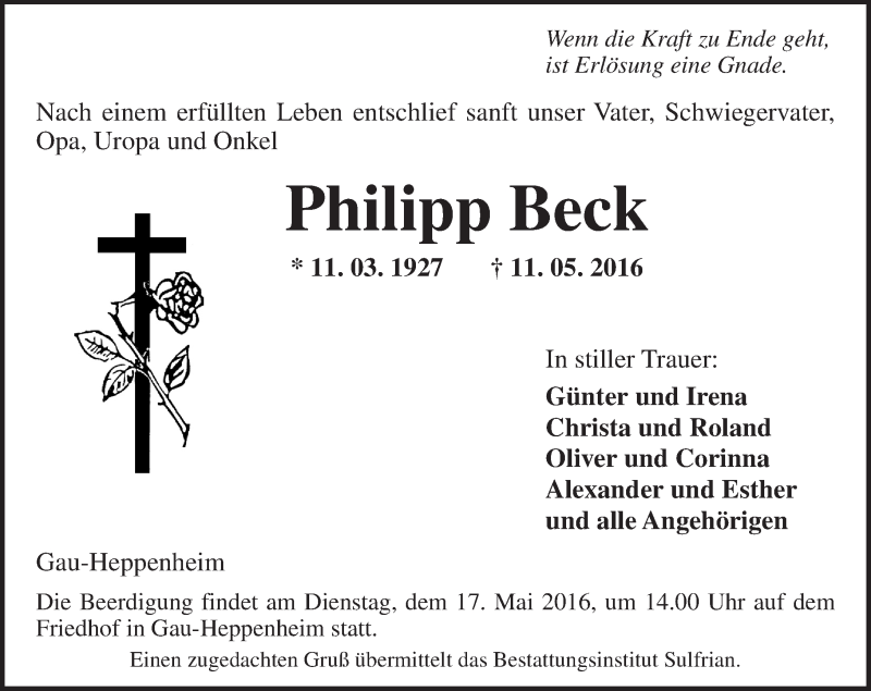  Traueranzeige für Philipp Beck vom 14.05.2016 aus  Allgemeine Zeitung Alzey