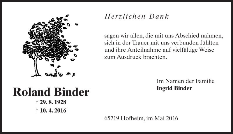  Traueranzeige für Roland Binder vom 13.05.2016 aus  Hofheimer Zeitung