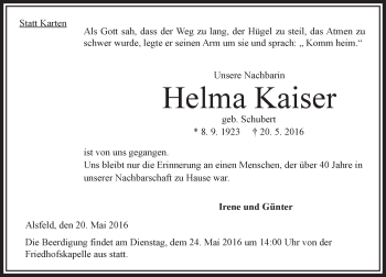 Traueranzeige von Helma Kaiser von VRM Trauer