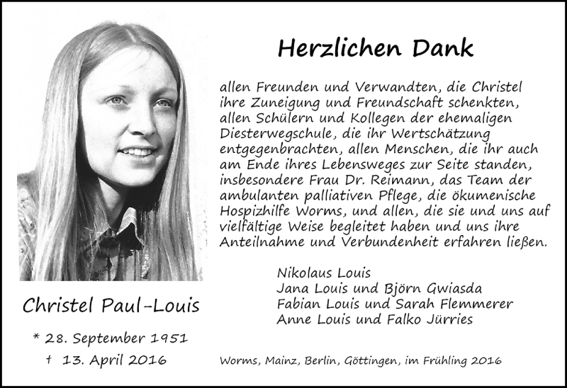  Traueranzeige für Christel Paul-Louis vom 07.05.2016 aus  Wormser Zeitung