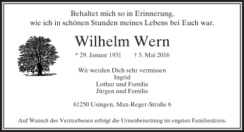 Traueranzeige von Wilhelm Wern von  Usinger Anzeiger