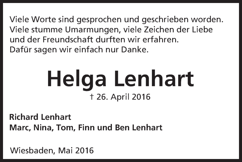  Traueranzeige für Helga Lenhart vom 30.05.2016 aus  Wiesbaden komplett