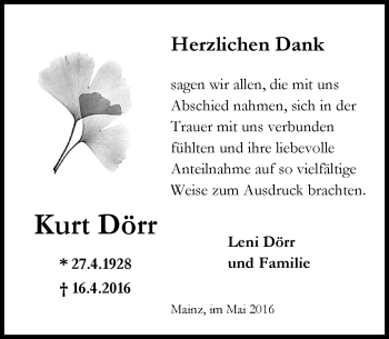 Traueranzeige von Kurt Dörr von  Allgemeine Zeitung Mainz