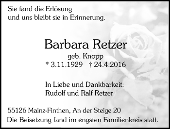 Traueranzeige von Barbara Retzer von  Allgemeine Zeitung Mainz