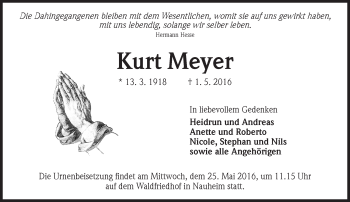 Traueranzeige von Kurt Meyer von Trauerportal Echo Online