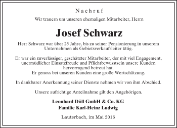 Traueranzeige von Josef Schwarz von VRM Trauer