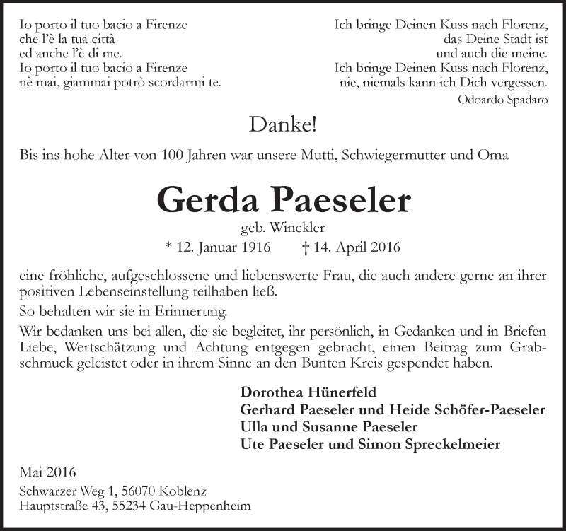 Traueranzeige für Gerda Paeseler vom 14.05.2016 aus  Allgemeine Zeitung Alzey