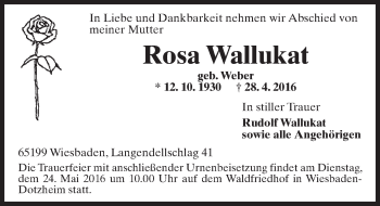 Traueranzeige von Rosa Wallukat von  Wiesbaden komplett