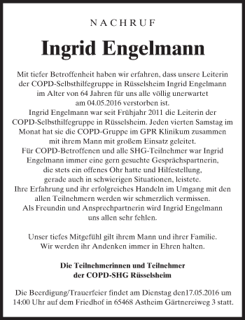 Traueranzeige von Ingrid Engelmann von  Mainspitze