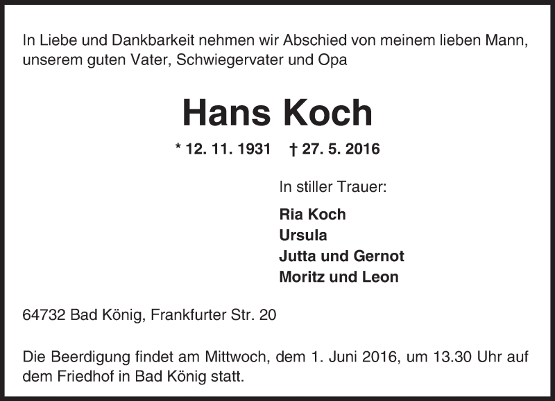  Traueranzeige für Hans Koch vom 31.05.2016 aus Trauerportal Echo Online