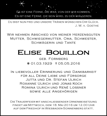 Traueranzeige von Elise Bouillon von  Wiesbaden komplett