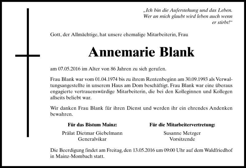  Traueranzeige für Annemarie Blank vom 12.05.2016 aus  Allgemeine Zeitung Mainz
