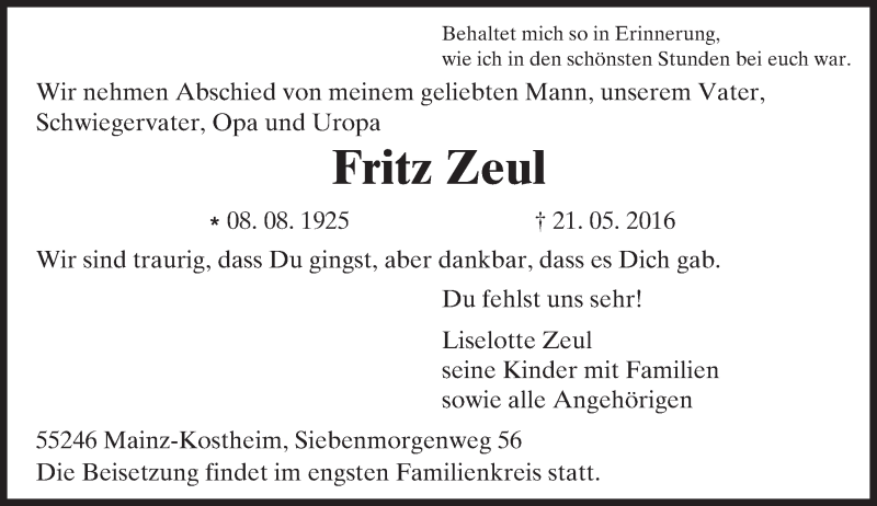  Traueranzeige für Fritz Zeul vom 28.05.2016 aus  Allgemeine Zeitung Mainz