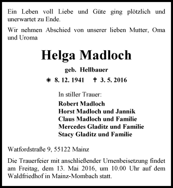 Traueranzeige von Helga Madloch von  Allgemeine Zeitung Mainz