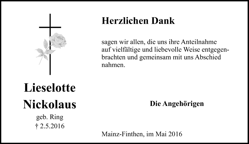  Traueranzeige für Lieselotte Nickolaus vom 28.05.2016 aus  Allgemeine Zeitung Mainz