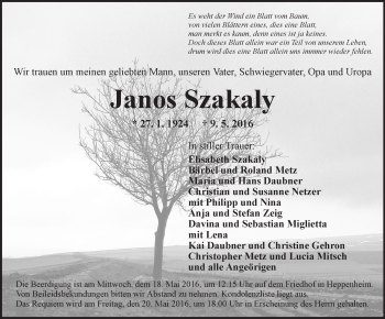 Traueranzeige von Janos Szakaly von Trauerportal Echo Online