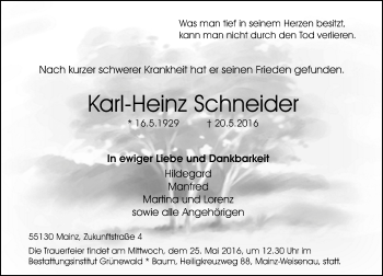 Traueranzeige von Karl-Heinz Schneider von  Allgemeine Zeitung Mainz