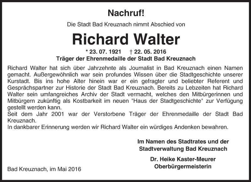  Traueranzeige für Richard Walter vom 27.05.2016 aus  Allg. Zeitung Bad Kreuznach