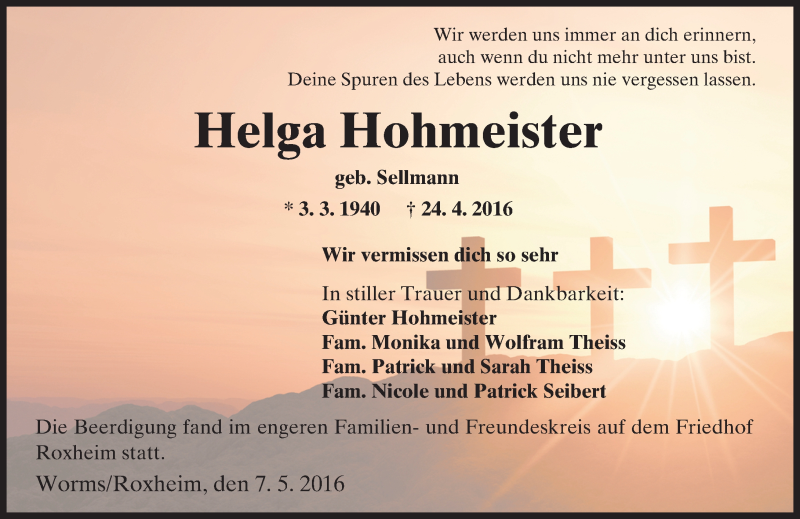  Traueranzeige für Helga Hohmeister vom 07.05.2016 aus  Wormser Zeitung
