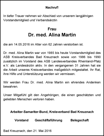 Traueranzeige von Alina Martin von  Allg. Zeitung Bad Kreuznach