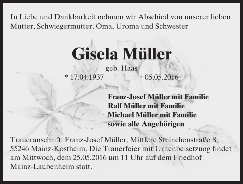  Traueranzeige für Gisela Müller vom 21.05.2016 aus  Allgemeine Zeitung Mainz