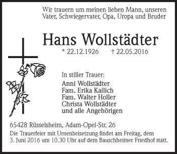 Traueranzeige von Hans Wollstädter von Trauerportal Echo Online