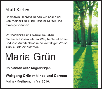 Traueranzeige von Maria Grün von  Allgemeine Zeitung Mainz