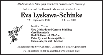 Traueranzeige von Eva Lyskawa-Schinke von Trauerportal Echo Online
