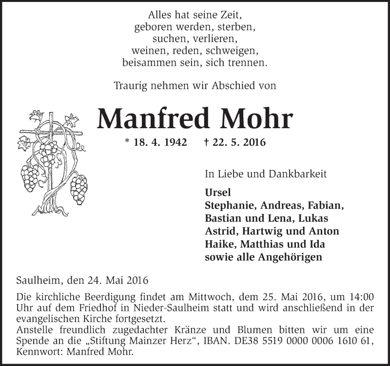  Traueranzeige für Manfred Mohr vom 24.05.2016 aus  Allgemeine Zeitung Alzey