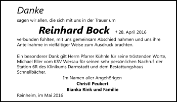 Traueranzeige von Reinhard Bock von Trauerportal Echo Online