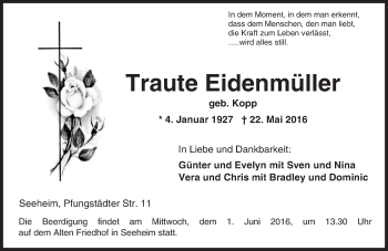 Traueranzeige von Traute Eidenmüller von Trauerportal Echo Online