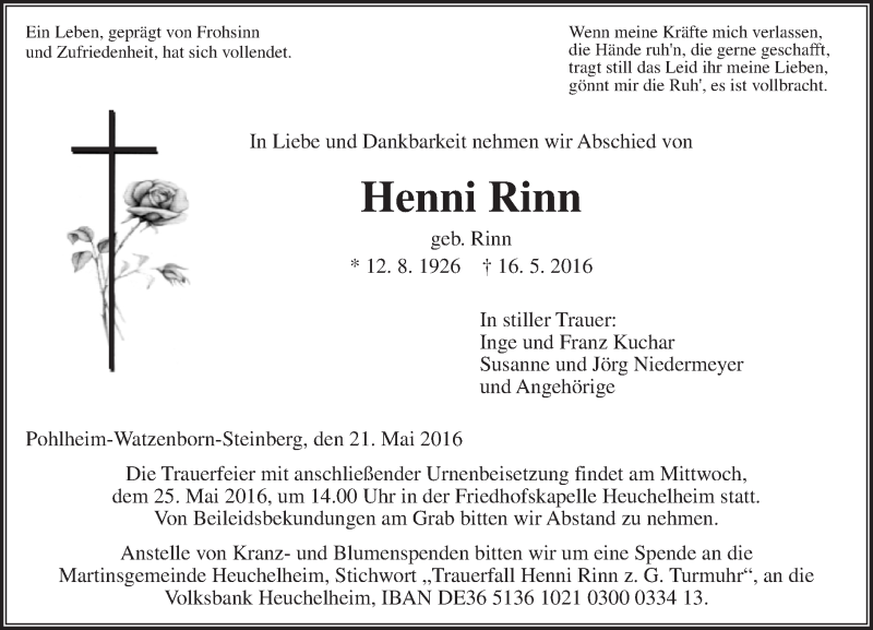  Traueranzeige für Henni Rinn vom 21.05.2016 aus  Gießener Anzeiger