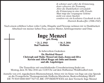 Traueranzeige von Inge Menzel von  Hofheimer Zeitung