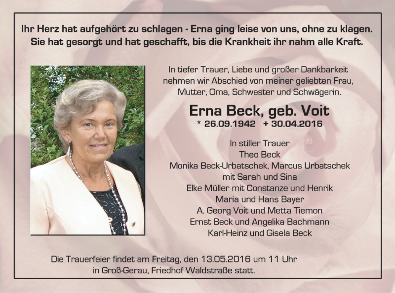  Traueranzeige für Erna Beck vom 04.05.2016 aus Trauerportal Echo Online