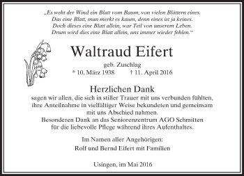 Traueranzeige von Waltraud Eifert von  Usinger Anzeiger