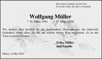 Traueranzeige von Wolfgang Müller von  Allgemeine Zeitung Mainz