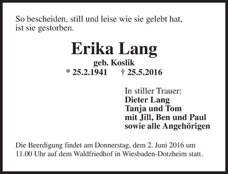  Traueranzeige für Erika Lang vom 28.05.2016 aus  Wiesbaden komplett