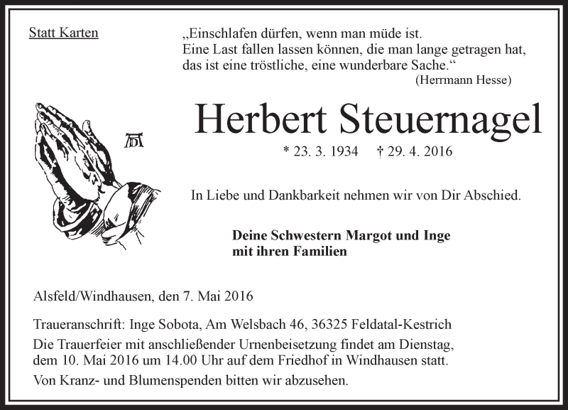  Traueranzeige für Herbert Steuernagel vom 07.05.2016 aus VRM Trauer