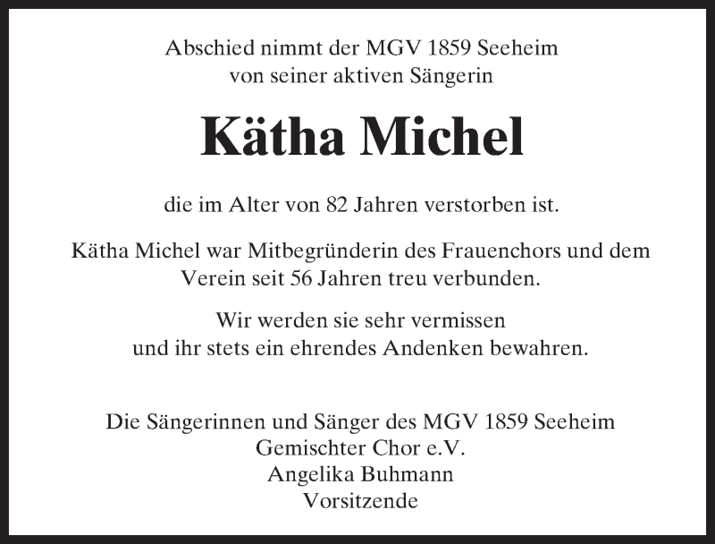  Traueranzeige für Kätha Michel vom 28.05.2016 aus Trauerportal Echo Online