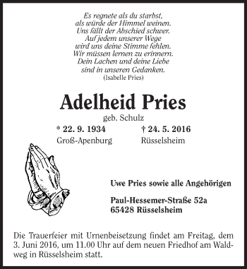 Traueranzeige von Adelheid Pries von  Mainspitze