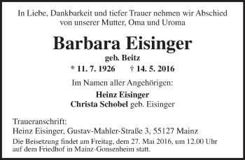 Traueranzeige von Barbara Eisinger von  Allgemeine Zeitung Mainz