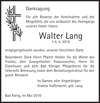 Traueranzeige von Walter Lang von Trauerportal Echo Online