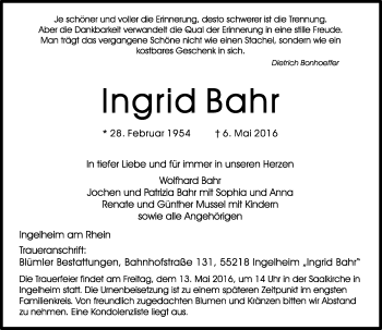 Traueranzeige von Ingrid Bahr von  Allgemeine  Zeitung Ingelheim-Bingen