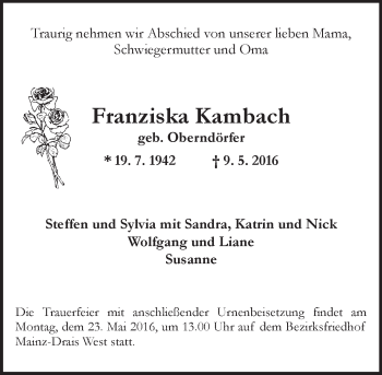 Traueranzeige von Franziska Kambach von  Allgemeine Zeitung Mainz