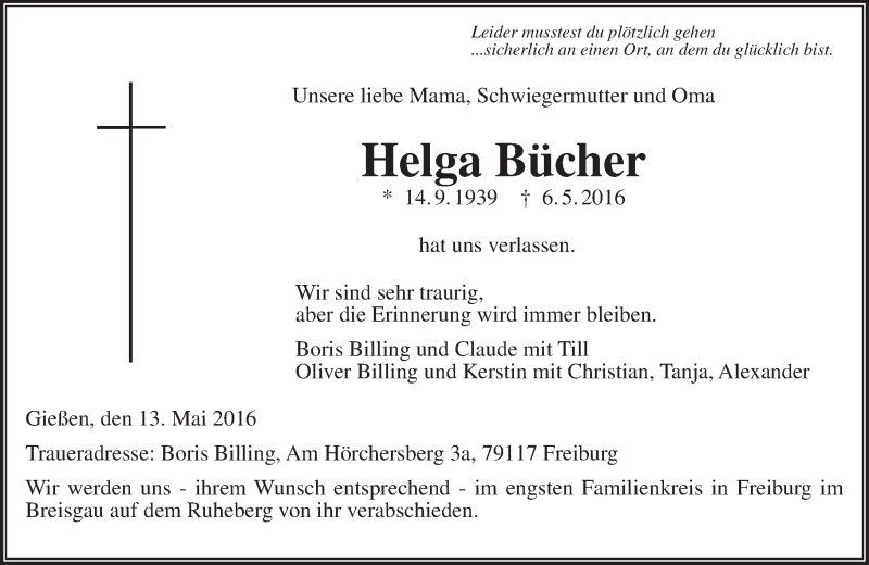  Traueranzeige für Helga Bücher vom 13.05.2016 aus  Gießener Anzeiger
