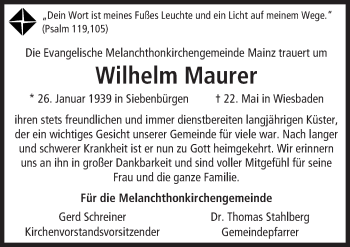Traueranzeige von Wilhelm Maurer von  Allgemeine Zeitung Mainz