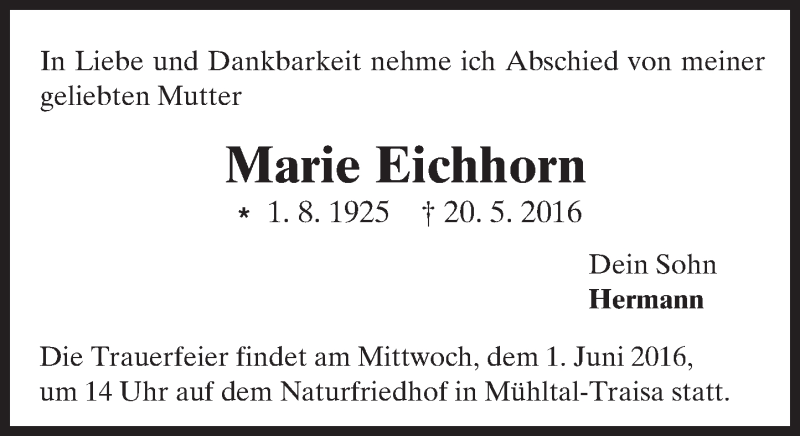  Traueranzeige für Marie Eichhorn vom 28.05.2016 aus Trauerportal Echo Online
