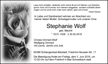 Traueranzeige von Stephanie Wolf von  Wiesbaden komplett